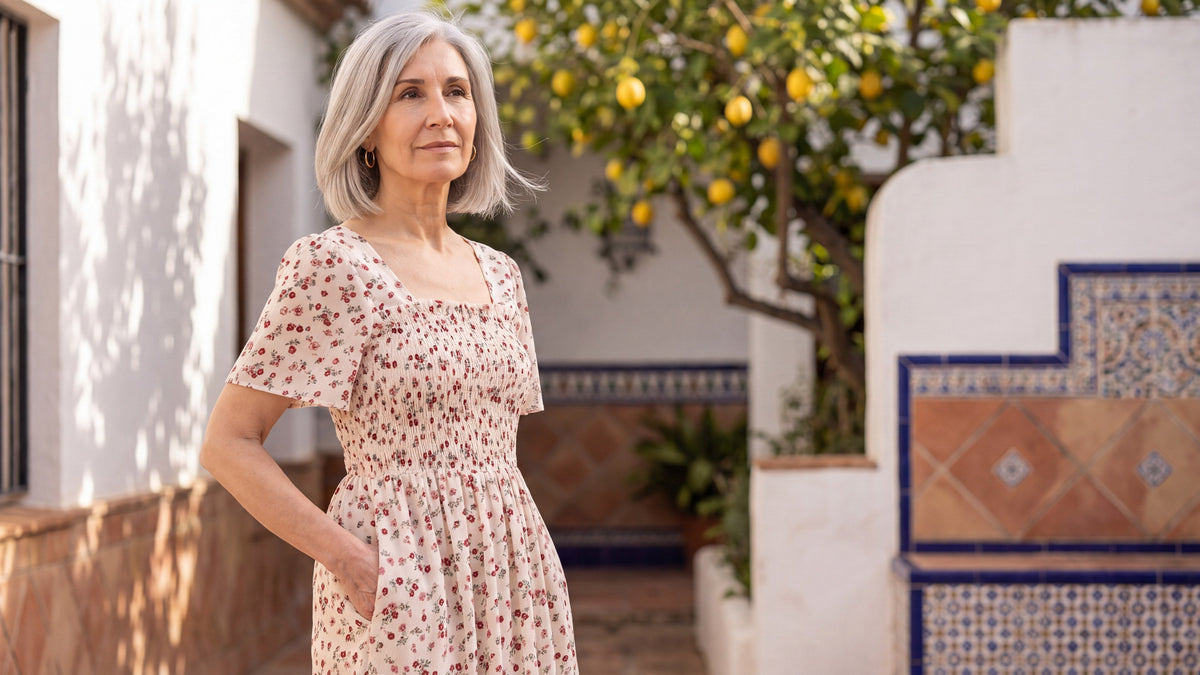 Vestido Carmen midi de gasa con cuerpo fruncido elástico y escote cuadrado, en beige