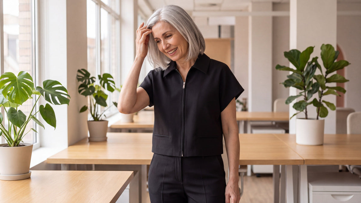Conjunto Pilar de chaqueta corta con cremallera y pantalón de pinzas con raya, en negro, para la oficina