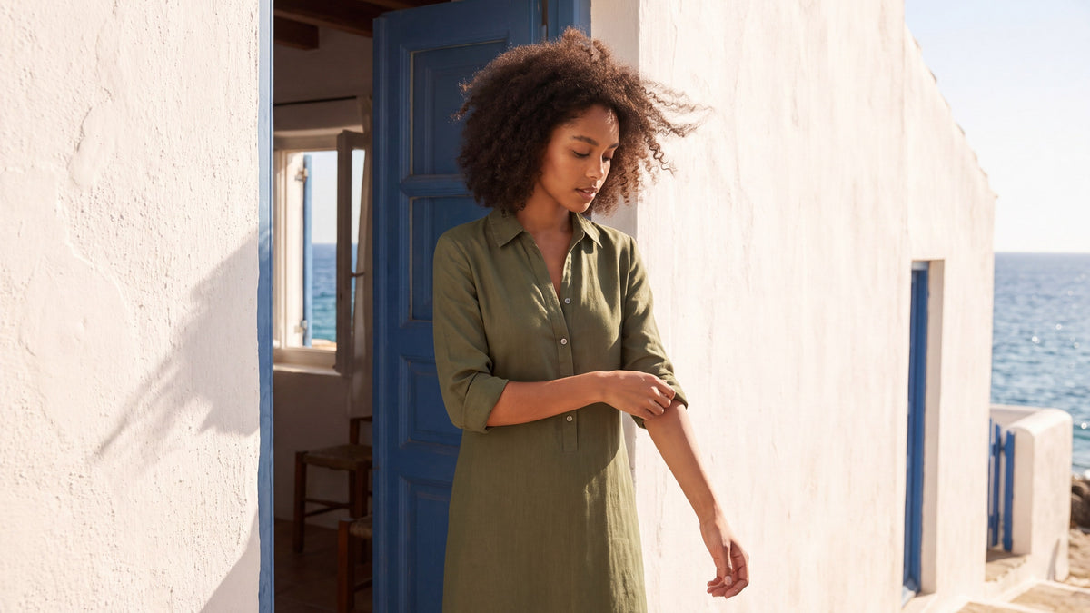 Vestido camisero Alma de algodón y lino, estilo mediterráneo