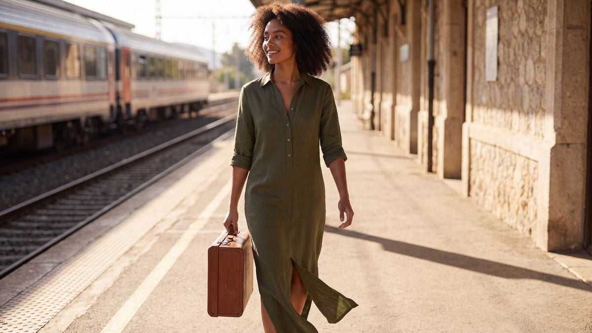 Vestido camisero Alma de algodón y lino, largo, en verde