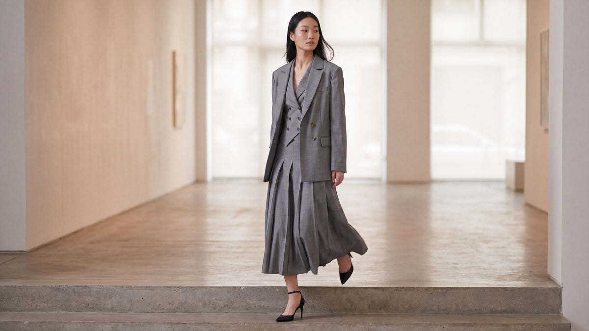 Traje Ámbar de tres piezas en gris con falda plisada
