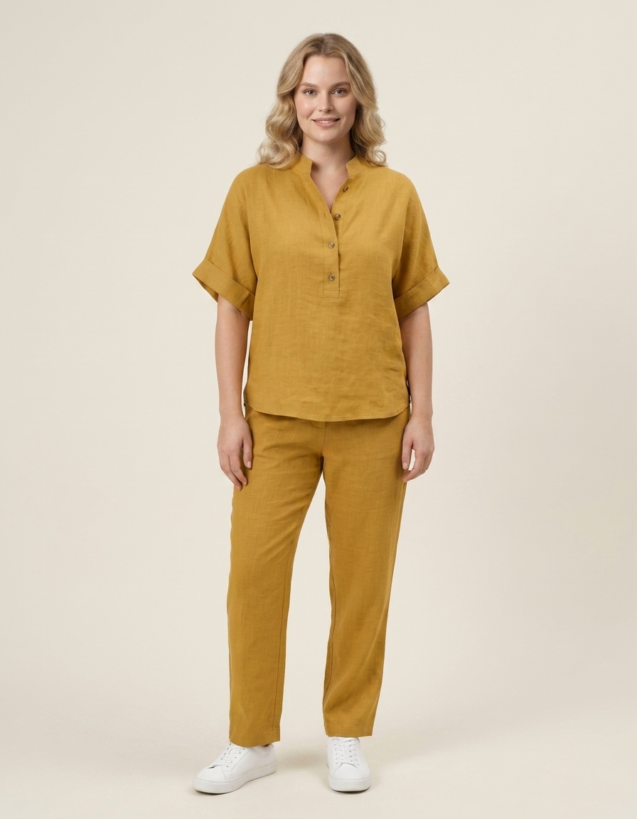 Elia | Conjunto de algodón y lino con pantalón ancho - Amarillo
