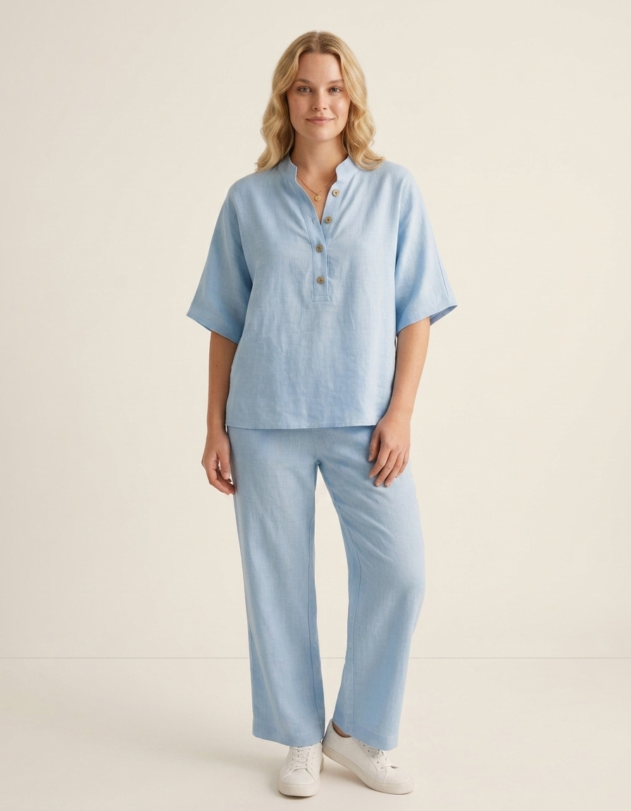 Elia | Conjunto de algodón y lino con pantalón ancho - Azul Claro