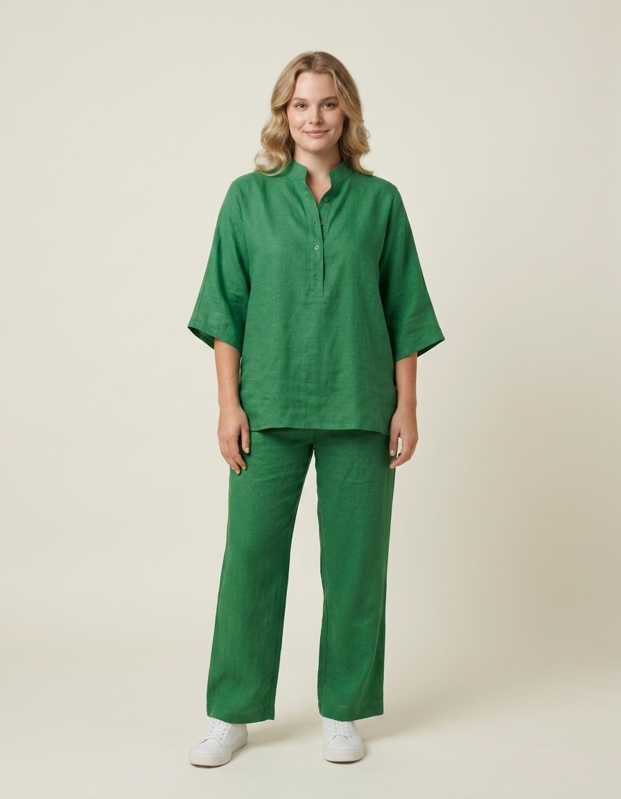 Elia | Conjunto de algodón y lino con pantalón ancho - Verde