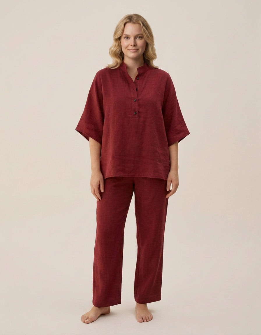 Elia | Conjunto de algodón y lino con pantalón ancho - Rojo