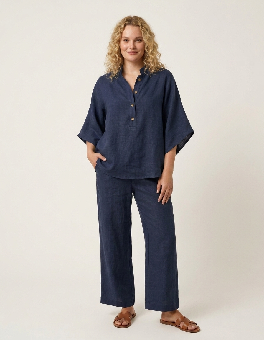 Elia | Conjunto de algodón y lino con pantalón ancho - Azul marino