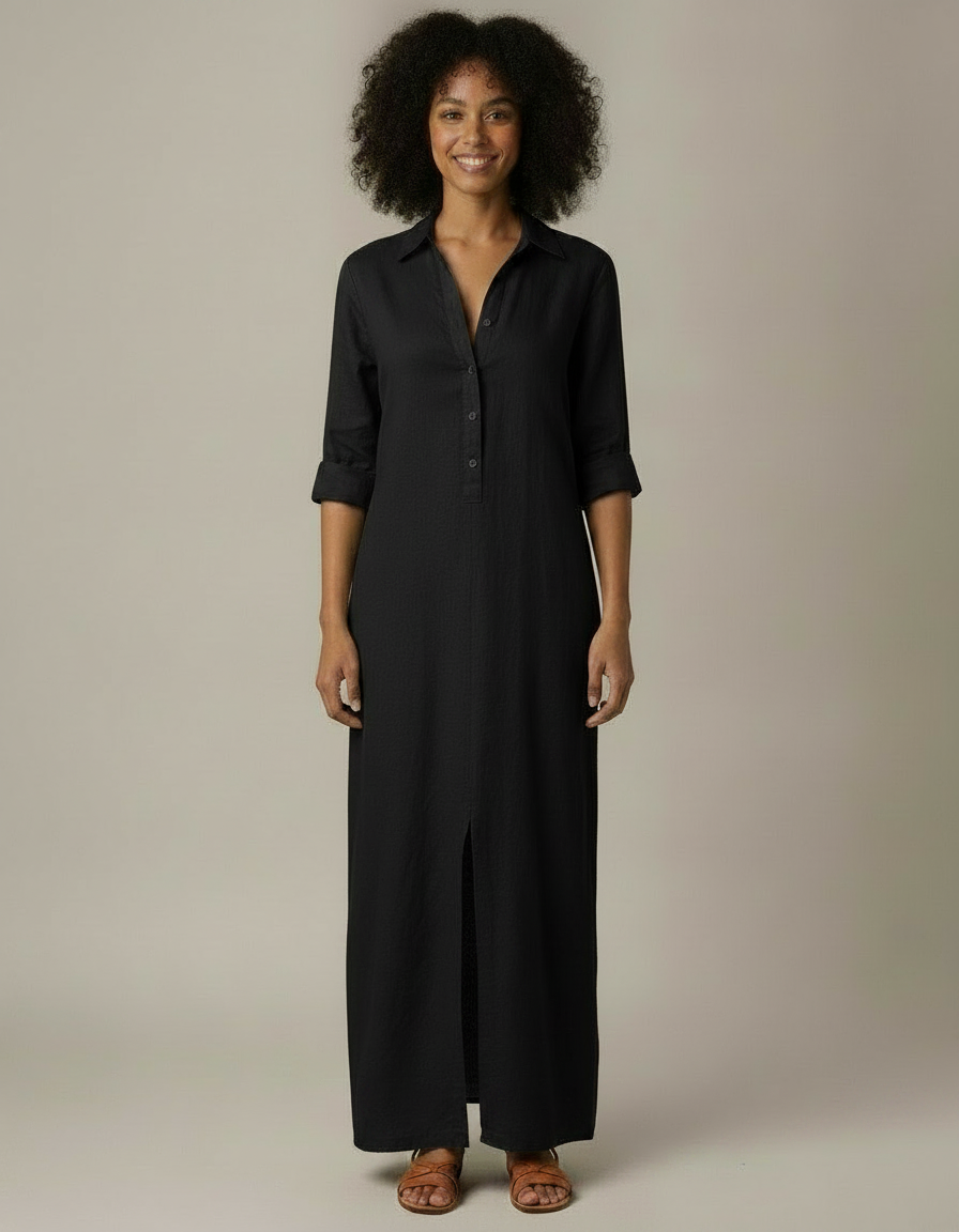 Alma | Vestido camisero largo de algodón y lino - Negro