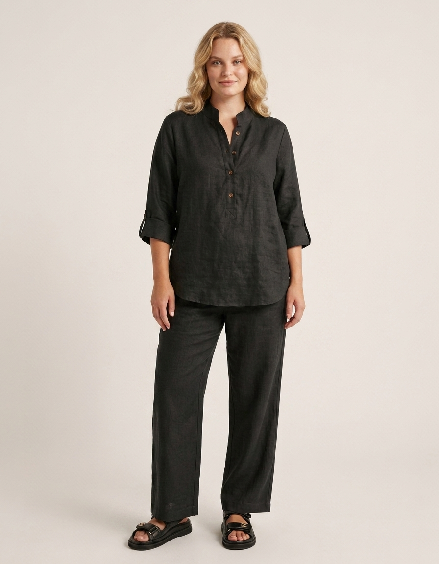 Elia | Conjunto de algodón y lino con pantalón ancho - Negro