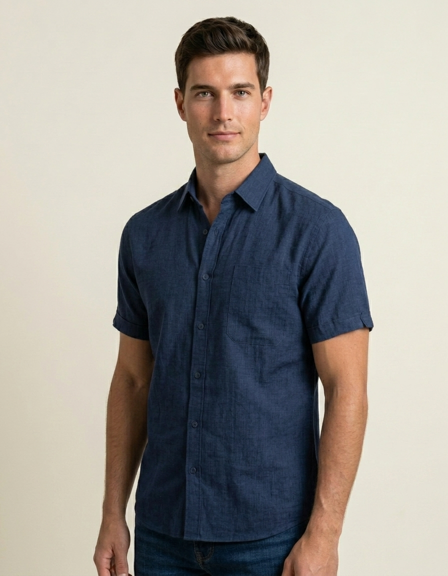 Adrián | Camisa manga corta de algodón y lino - Azul marino