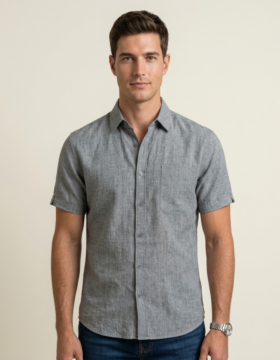 Adrián | Camisa manga corta de algodón y lino - Gris