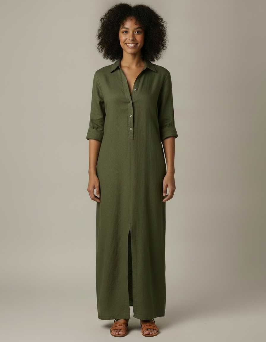 Alma | Vestido camisero largo de algodón y lino - Verde