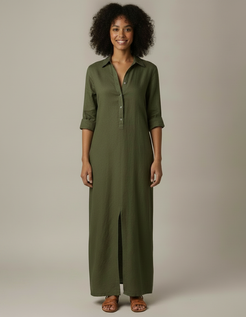 Alma | Vestido camisero largo de algodón y lino - Verde