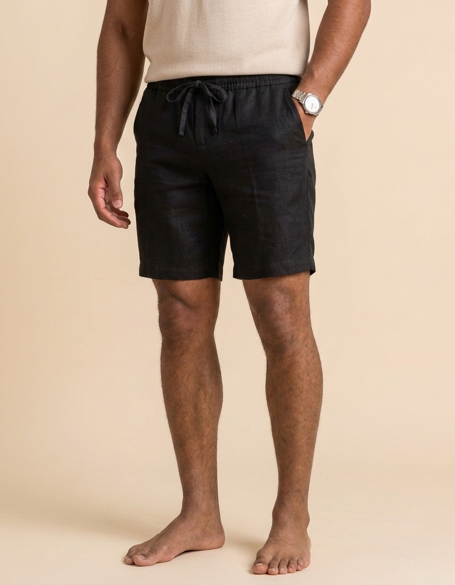 Lorenzo | Pantalón corto de algodón y lino para hombre - Negro
