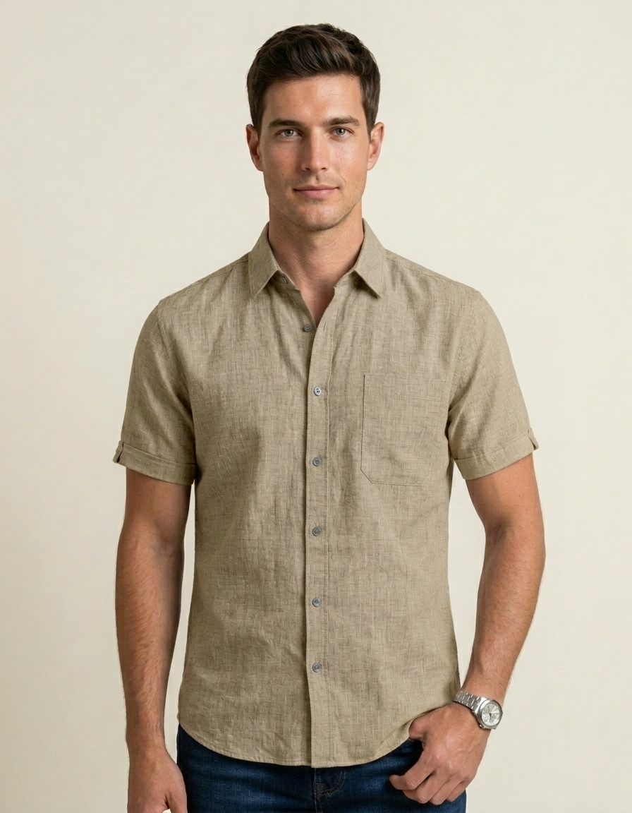 Adrián | Camisa manga corta de algodón y lino - Caqui