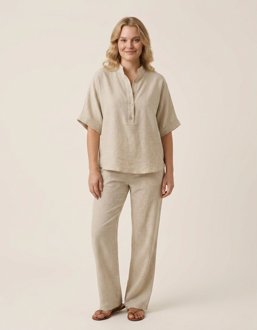 Elia | Conjunto de algodón y lino con pantalón ancho - Beige