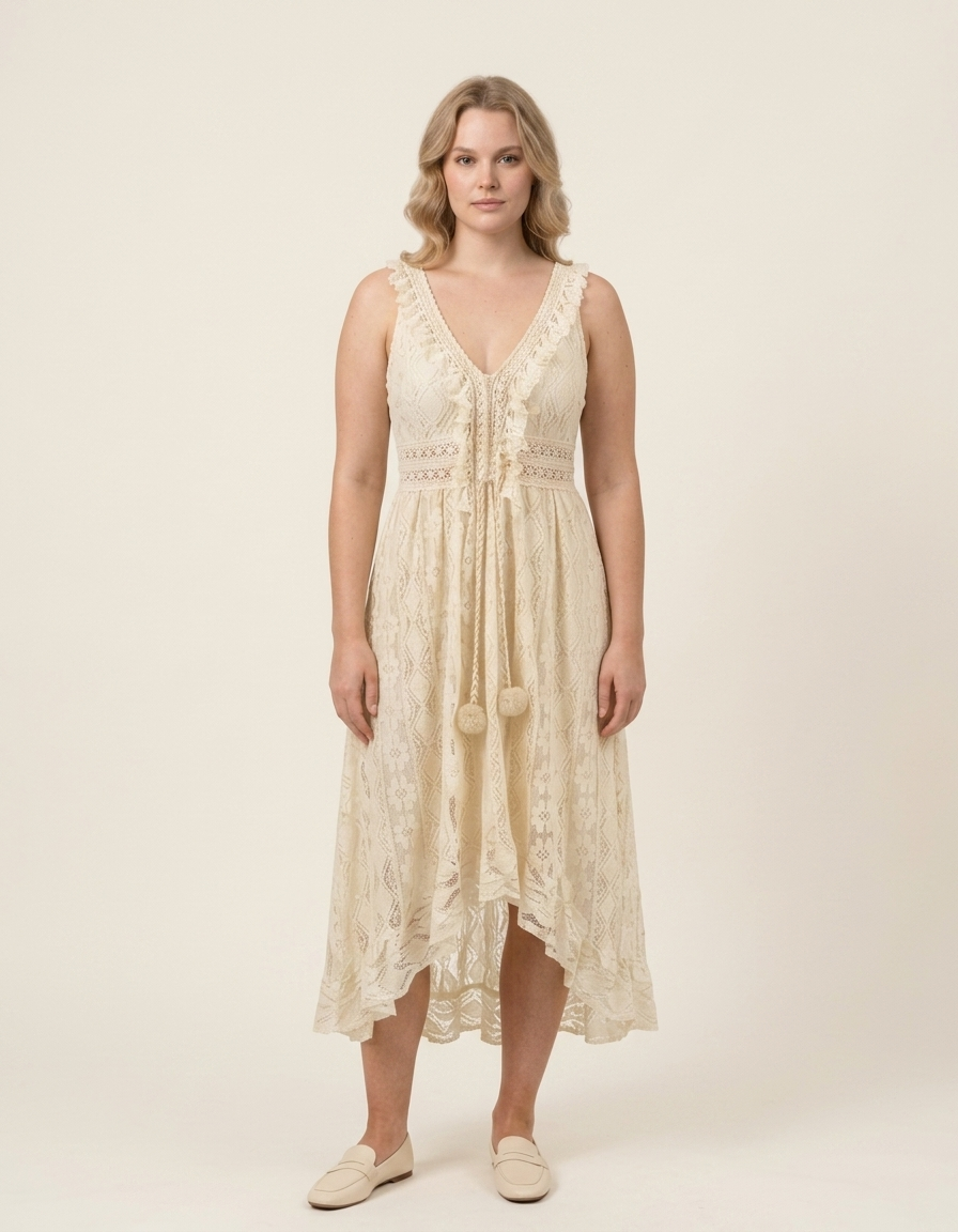 Bianca | Vestido largo de encaje con escote en V - Beige