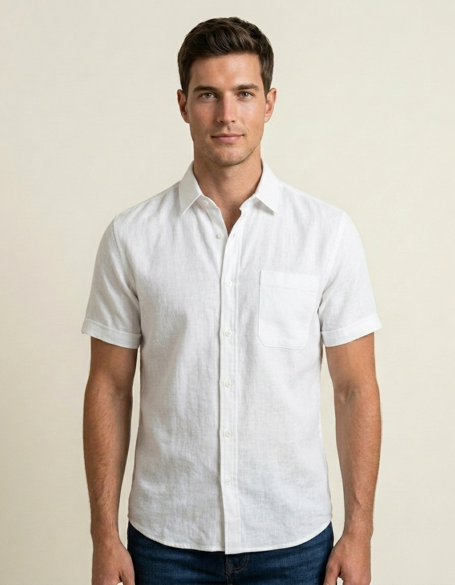Adrián | Camisa manga corta de algodón y lino - Blanco