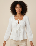 Clara | Blusa romántica con lazos y manga larga - Blanco
