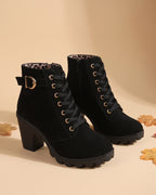Nieves | Botines forrados de tacón ancho con cordones - Negro