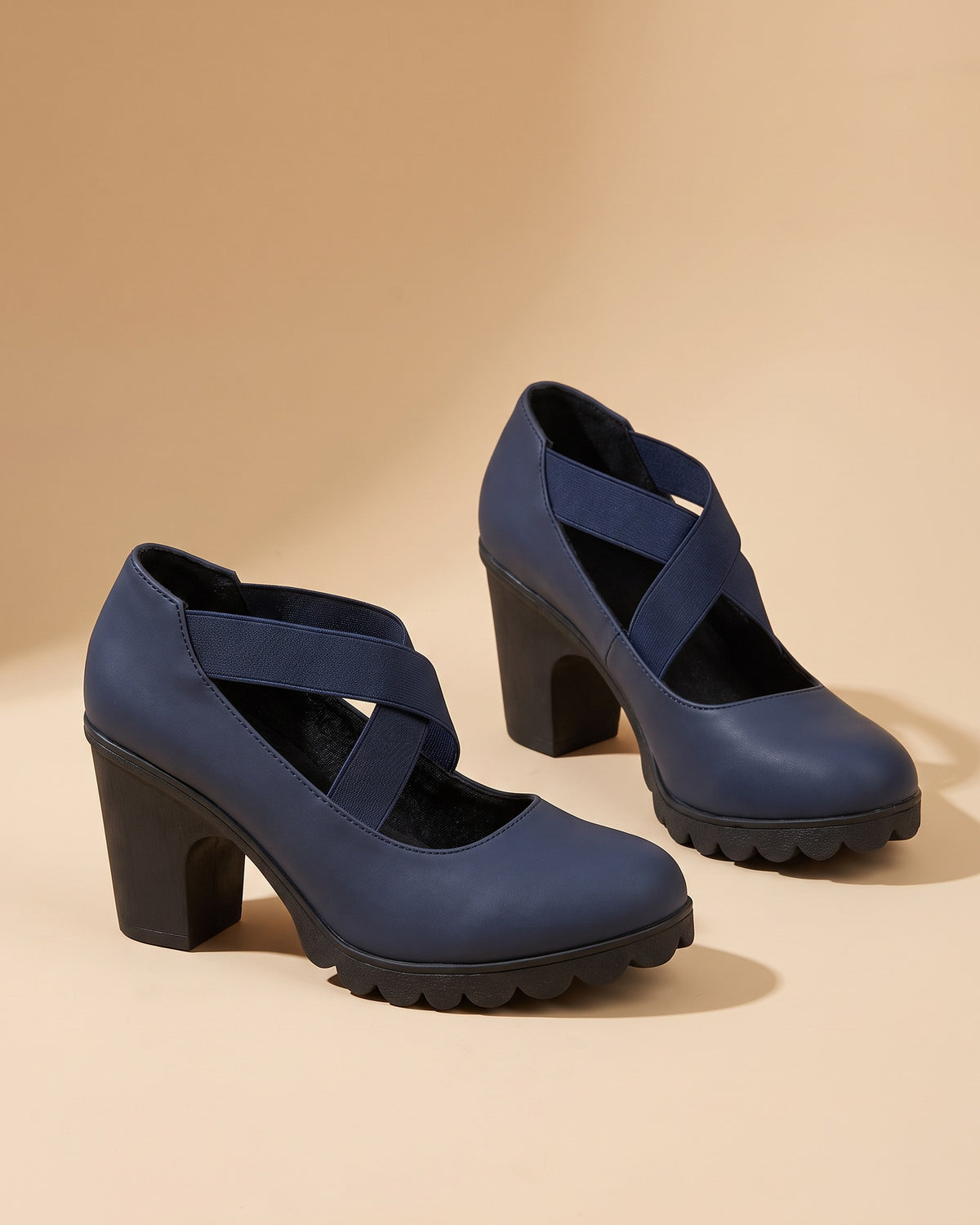 Amelia | Zapatos Mary Jane de tacón ancho con tiras elásticas - Azul marino
