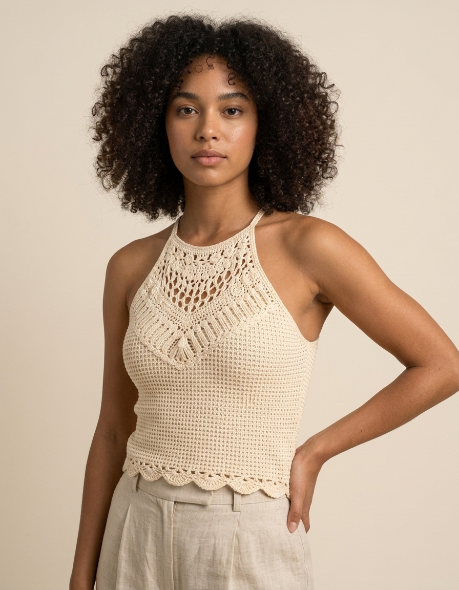 Nara | Top crochet con ajuste al cuello - Beige