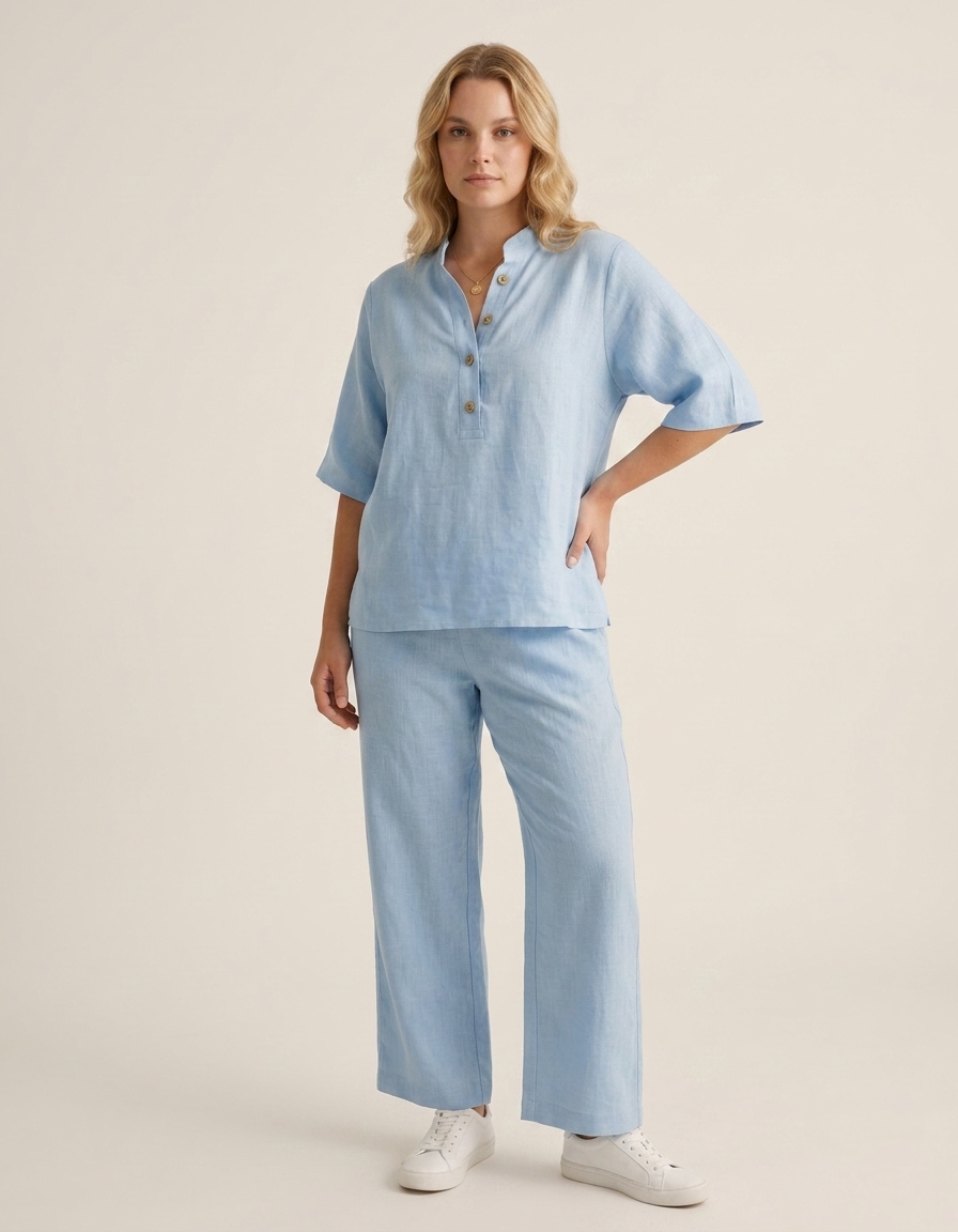 Elia | Conjunto de algodón y lino con pantalón ancho - Azul Claro