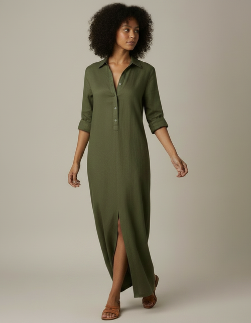 Alma | Vestido camisero largo de algodón y lino - Verde