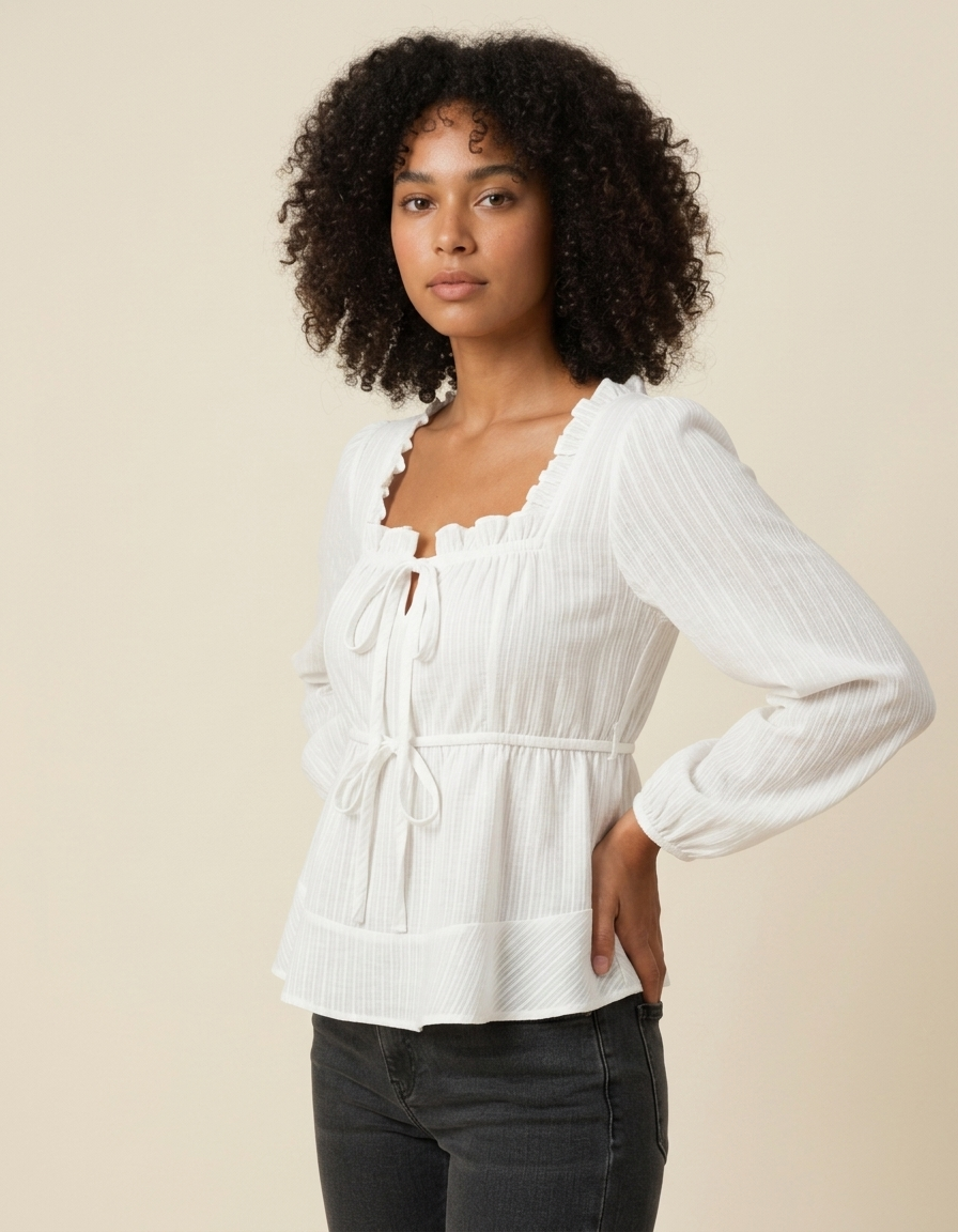 Clara | Blusa romántica con lazos y manga larga - Blanco