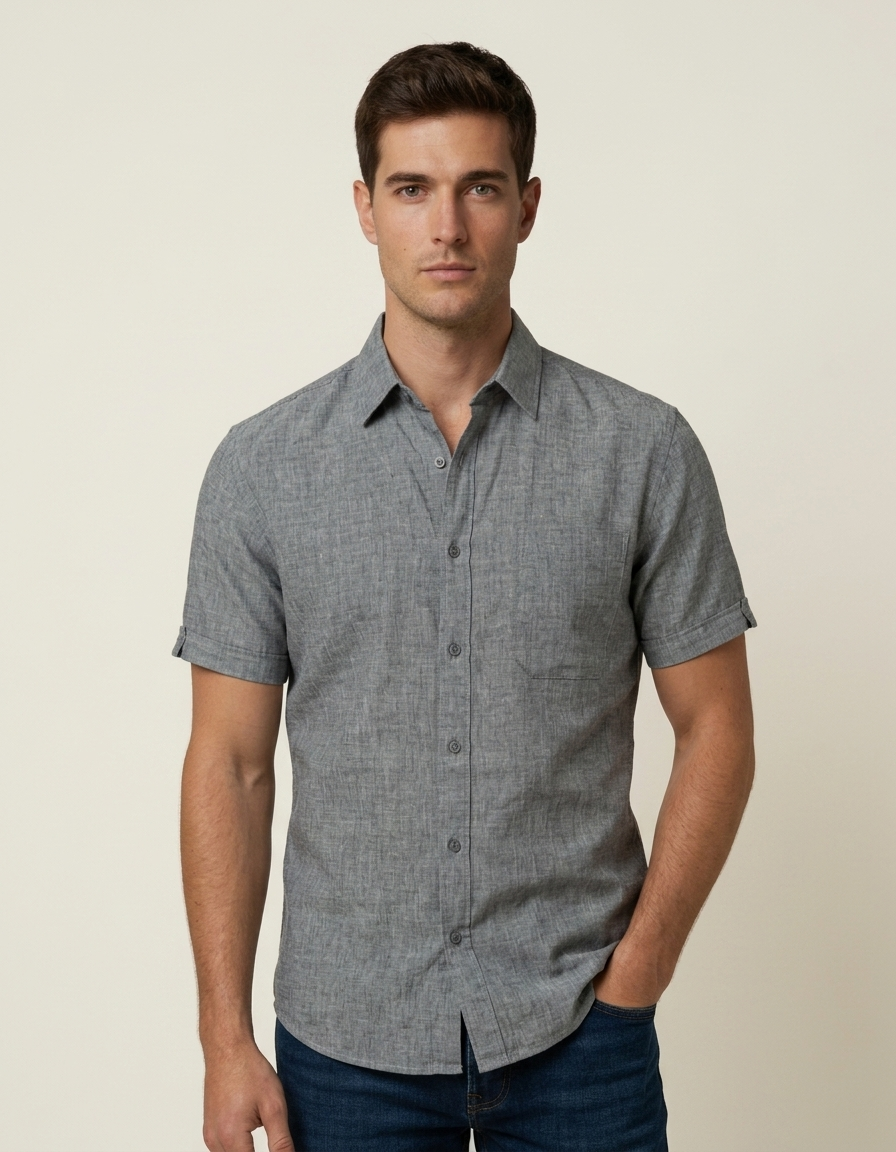 Adrián | Camisa manga corta de algodón y lino - Gris