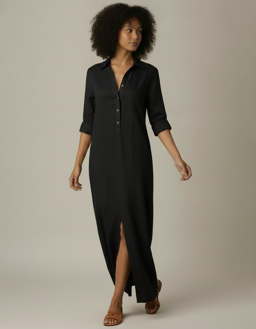 Alma | Vestido camisero largo de algodón y lino - Negro