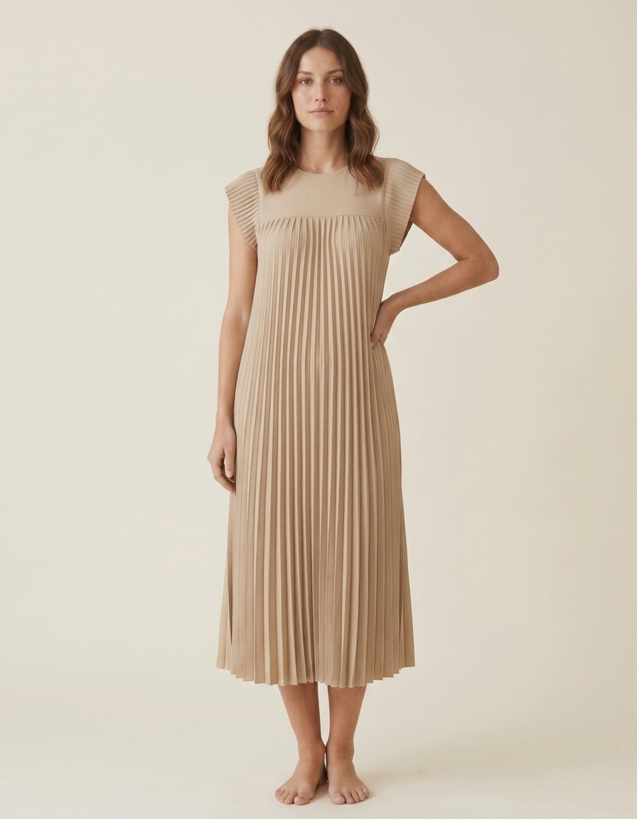 Ana | Vestido Largo Plisado de Verano - Beige