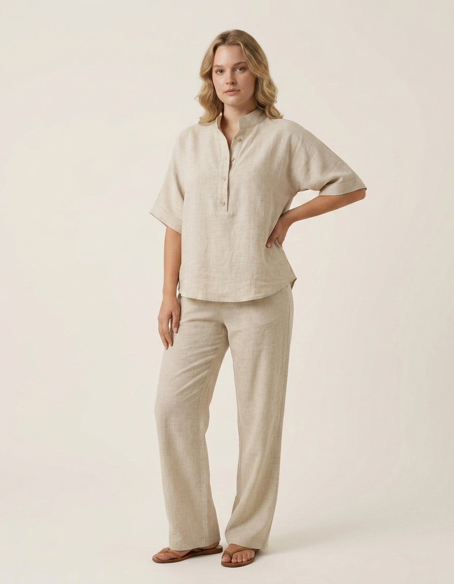 Elia | Conjunto de algodón y lino con pantalón ancho - Beige