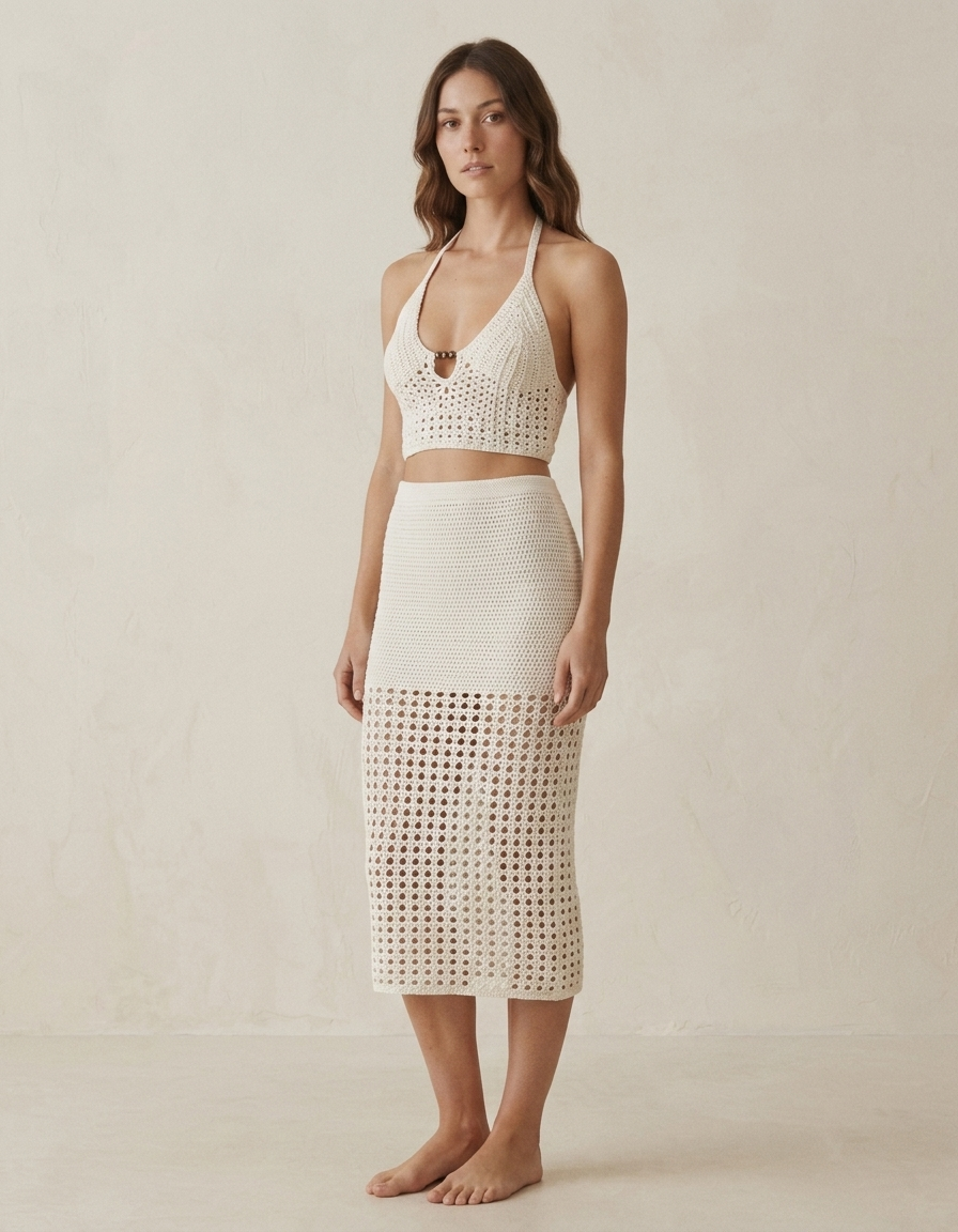 Naya | Conjunto crochet de top y falda larga - Blanco