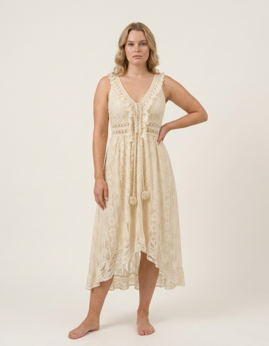 Bianca | Vestido largo de encaje con escote en V - Beige