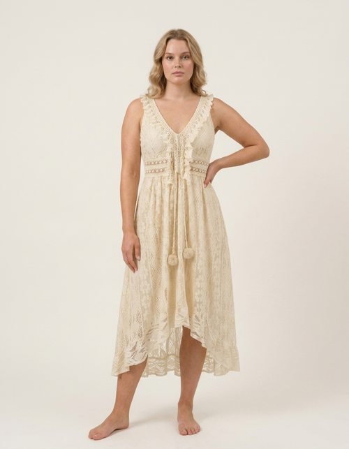 Bianca | Vestido largo de encaje con escote en V - Beige