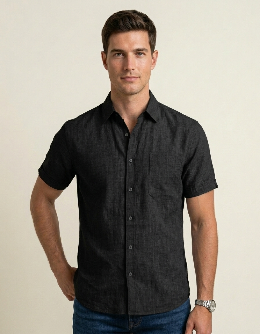 Adrián | Camisa manga corta de algodón y lino - Negro