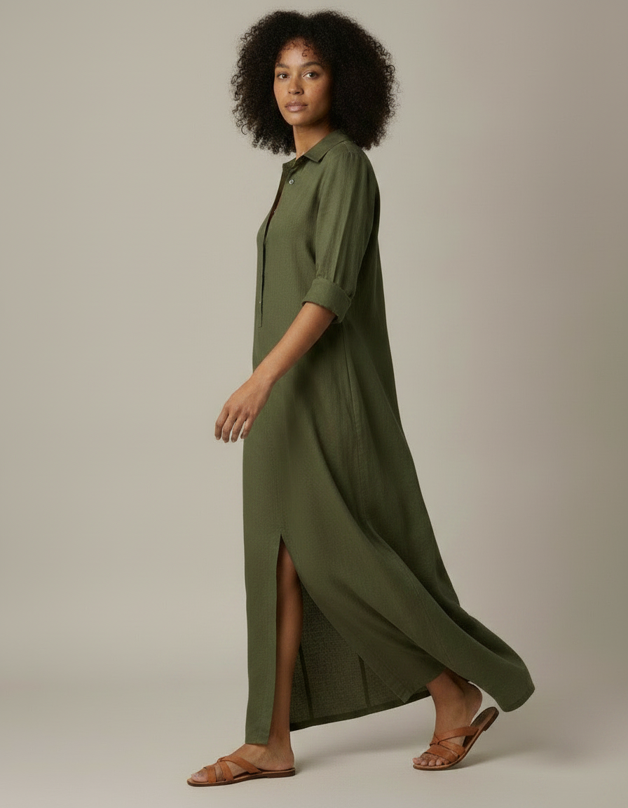 Alma | Vestido camisero largo de algodón y lino - Verde