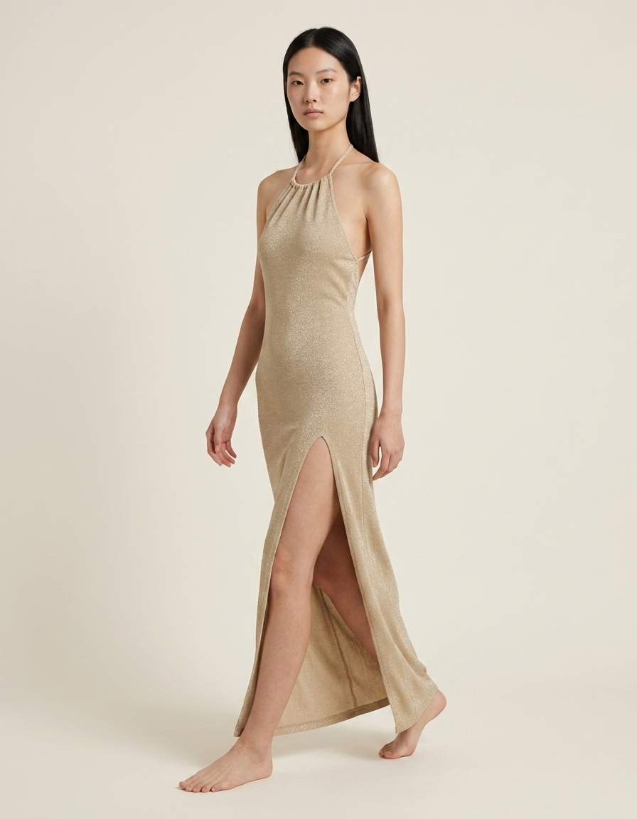 Duna | Vestido maxi de punto con abertura para mujer - Beige