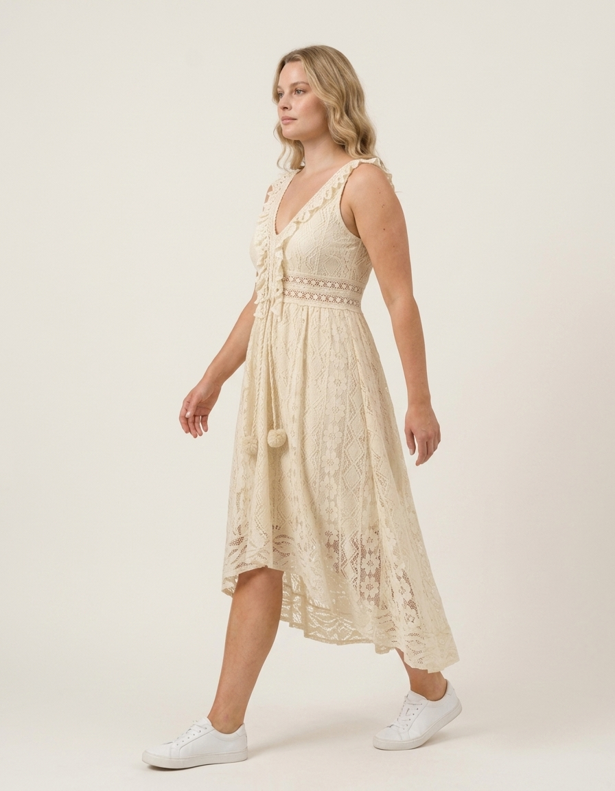 Bianca | Vestido largo de encaje con escote en V - Beige
