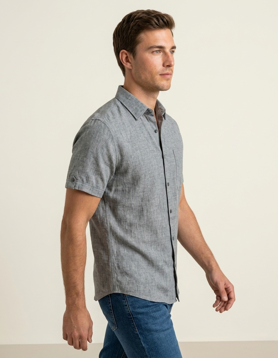 Adrián | Camisa manga corta de algodón y lino - Gris