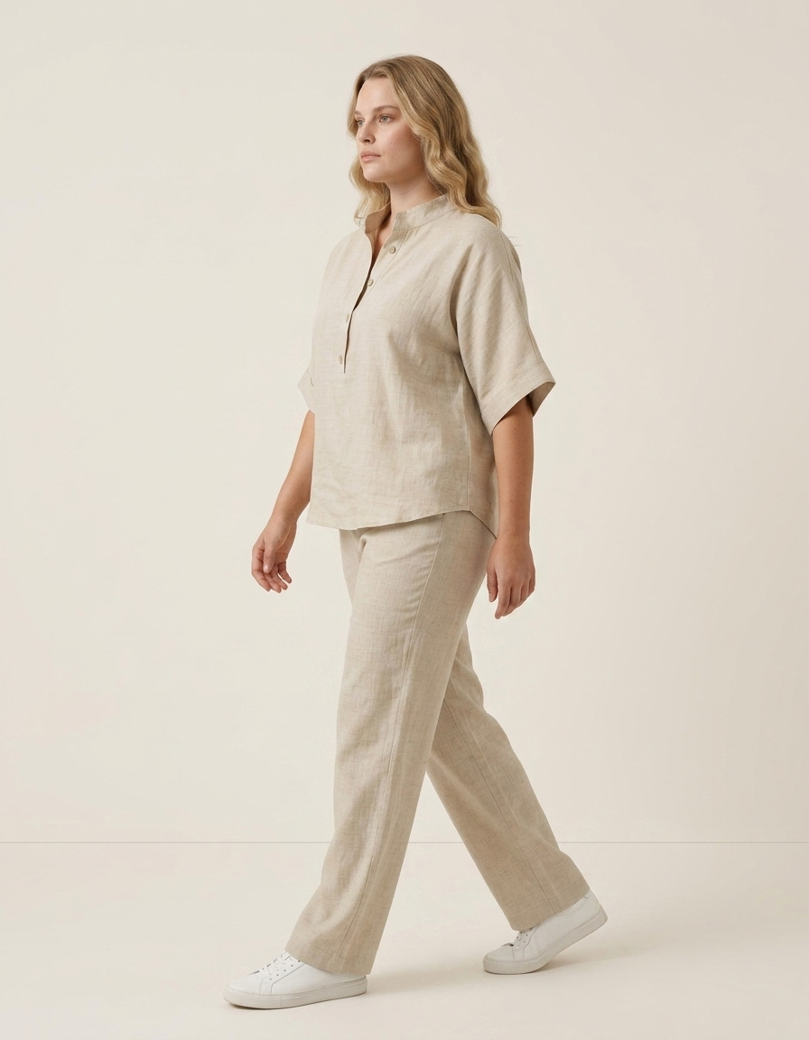 Elia | Conjunto de algodón y lino con pantalón ancho - Beige