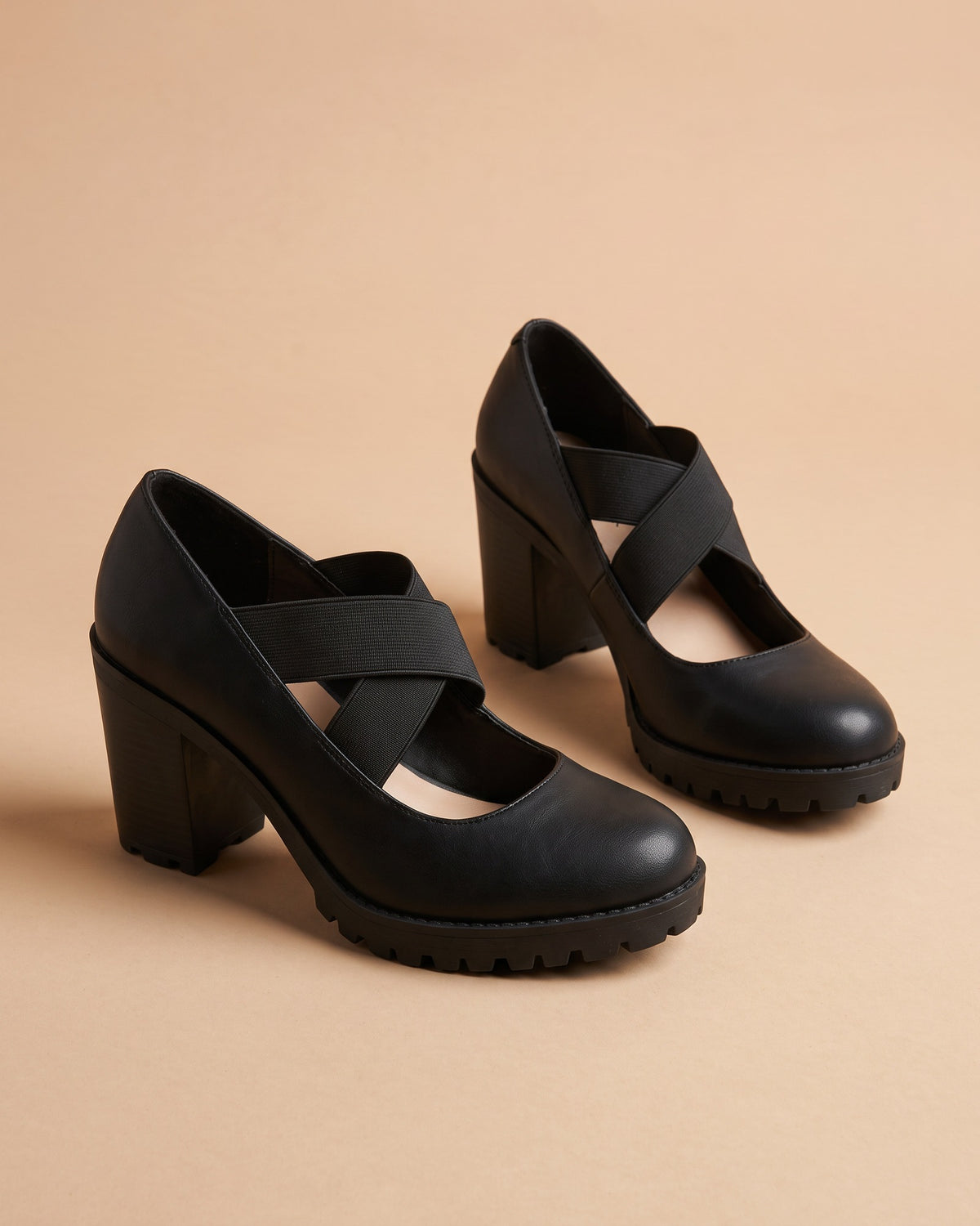 Amelia | Zapatos Mary Jane de tacón ancho con tiras elásticas - Negro