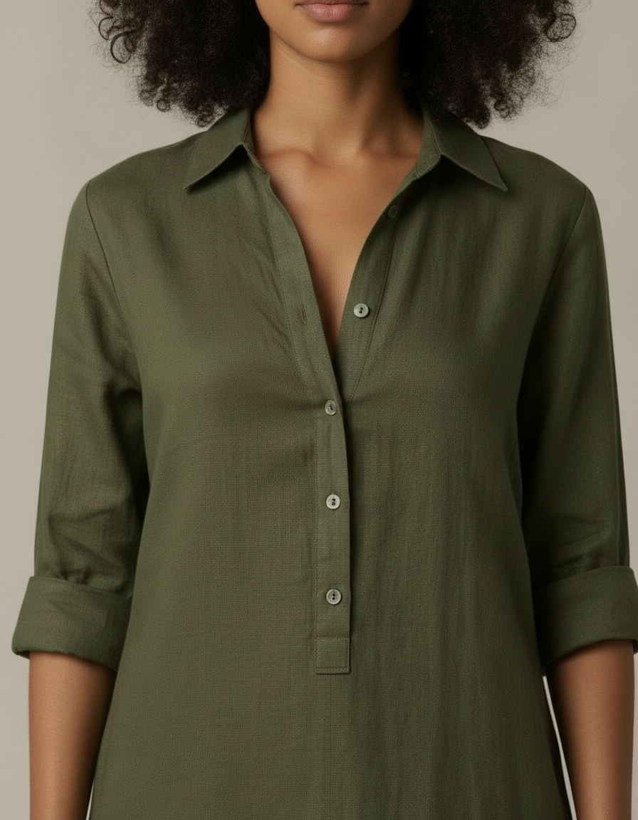 Alma | Vestido camisero largo de algodón y lino - Verde