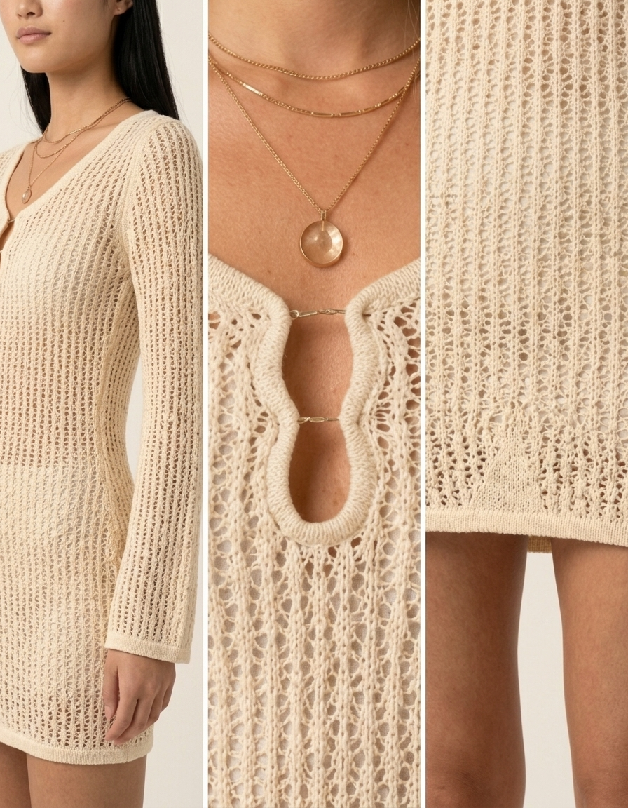 Ona | Vestido corto de punto calado para mujer - Beige