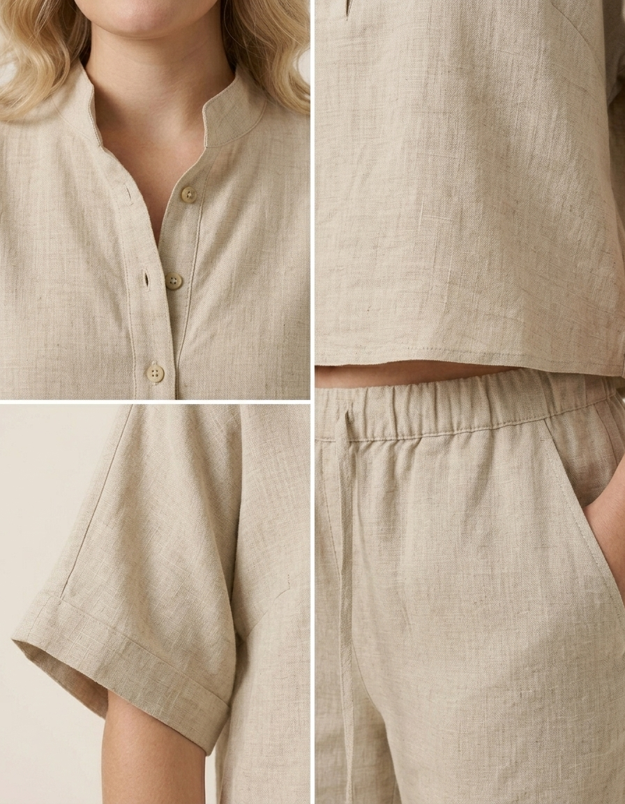 Elia | Conjunto de algodón y lino con pantalón ancho - Beige