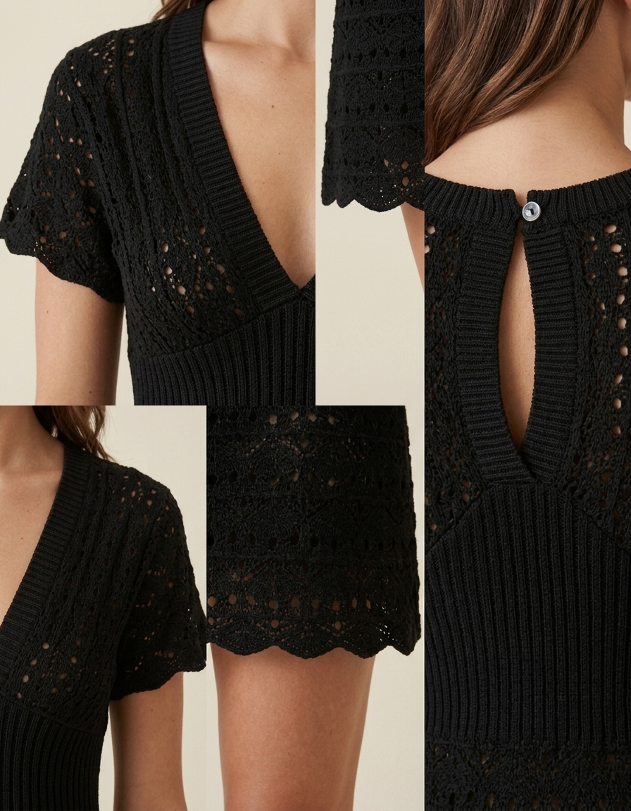 Nerea | Vestido calado con escote en V - Negro