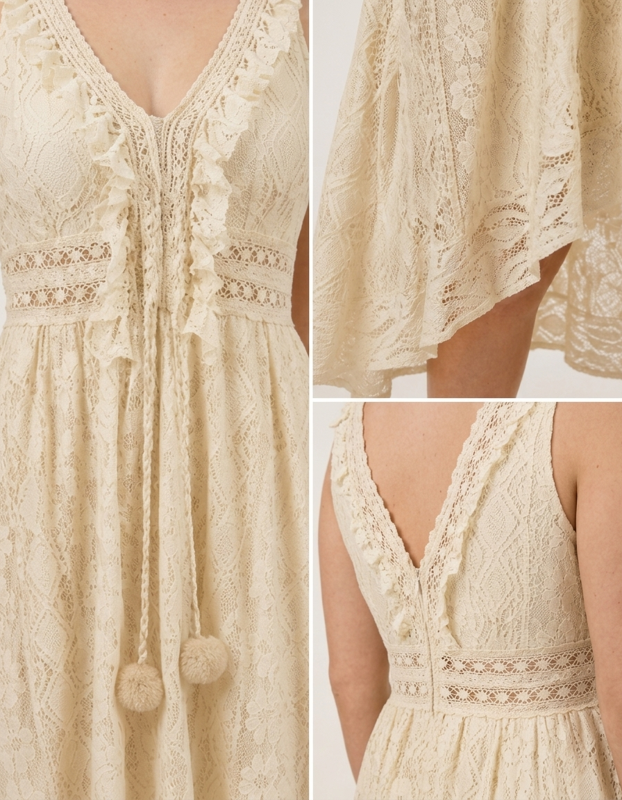 Bianca | Vestido largo de encaje con escote en V - Beige
