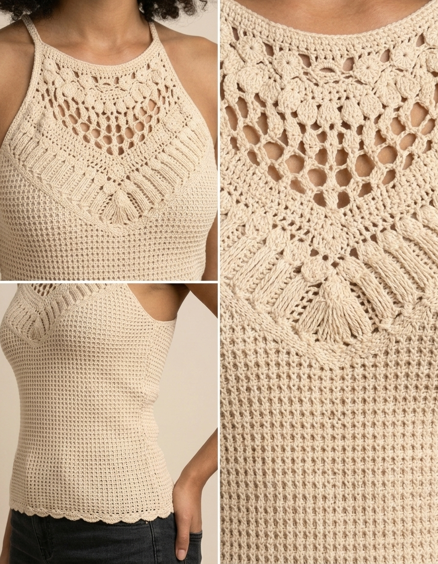 Nara | Top crochet con ajuste al cuello - Beige