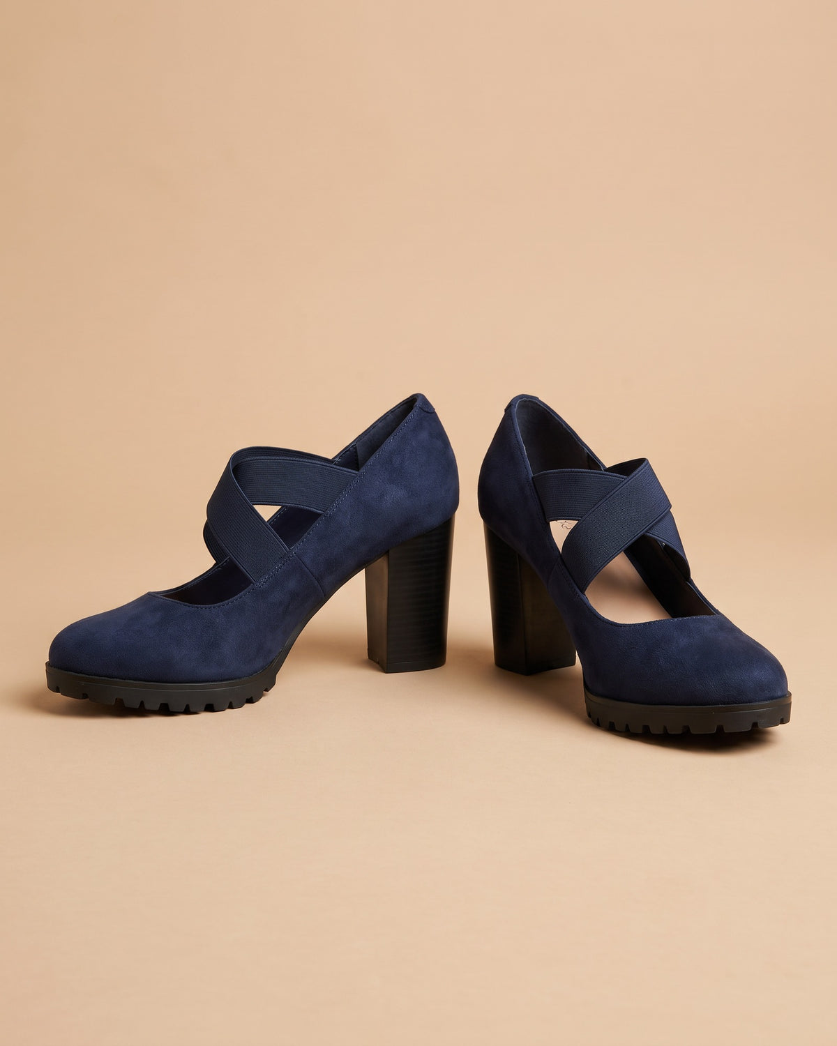 Amelia | Zapatos Mary Jane de tacón ancho con tiras elásticas - Azul marino antelina