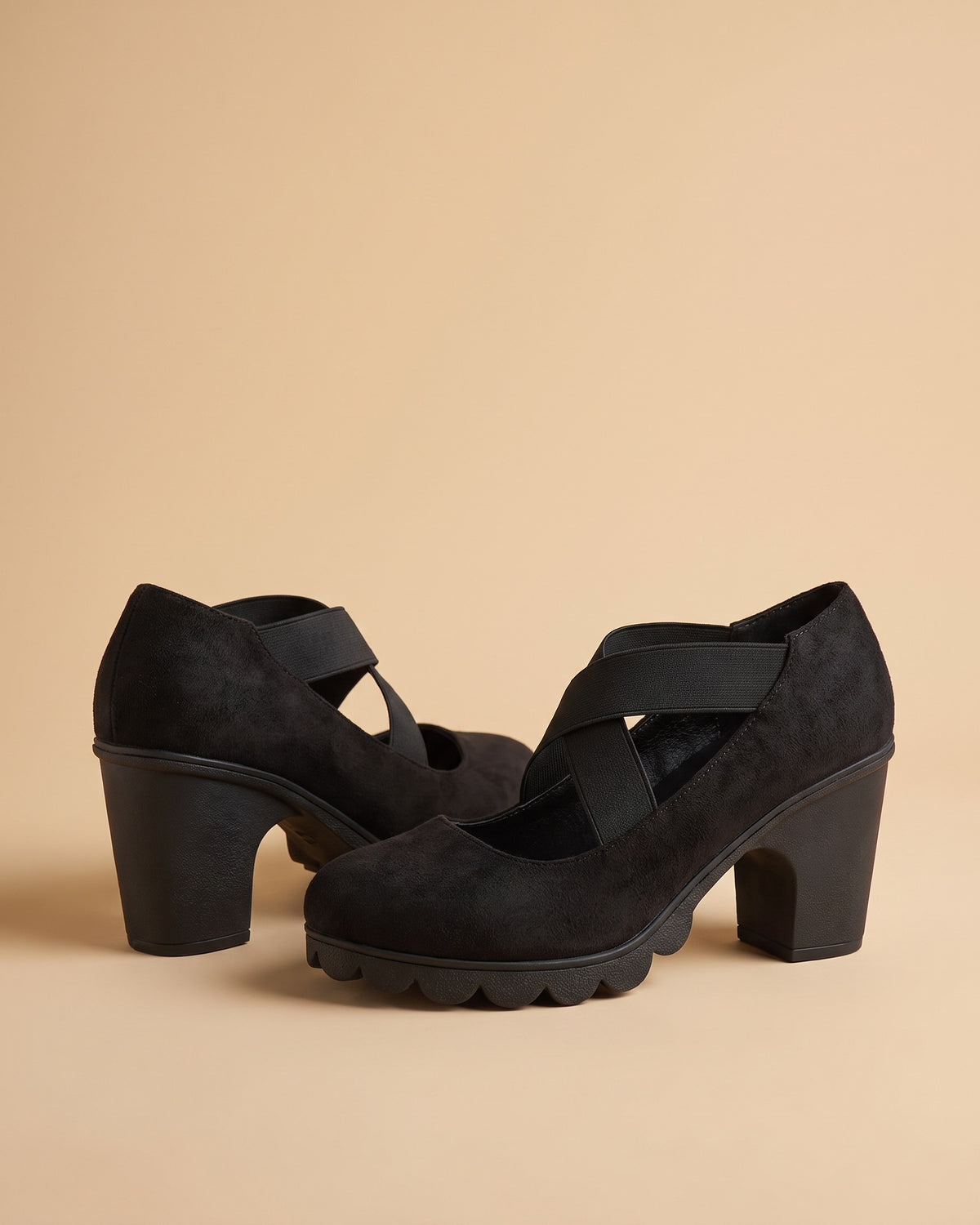 Amelia | Zapatos Mary Jane de tacón ancho con tiras elásticas - Negro antelina